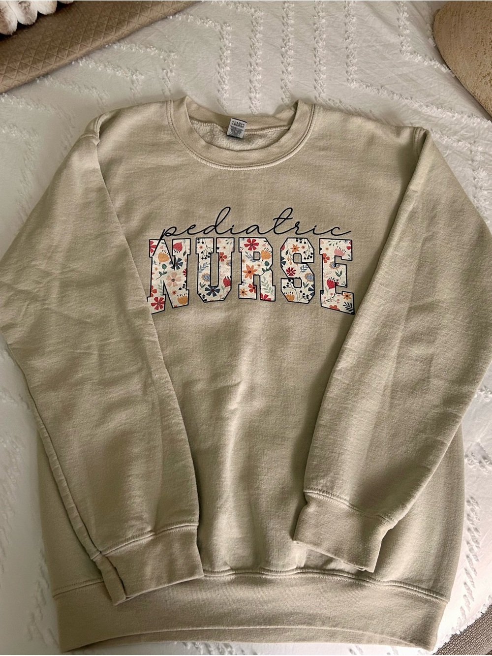 Gildan Cream Floral 'Pediatric Nurse' Crewneck Sweatshirt
